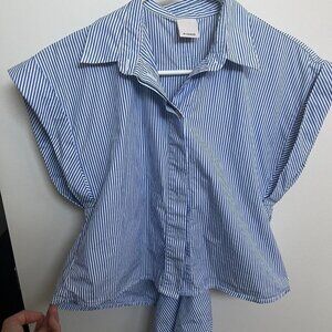 Pinko blue striped short sleeve back tie button up shirt!